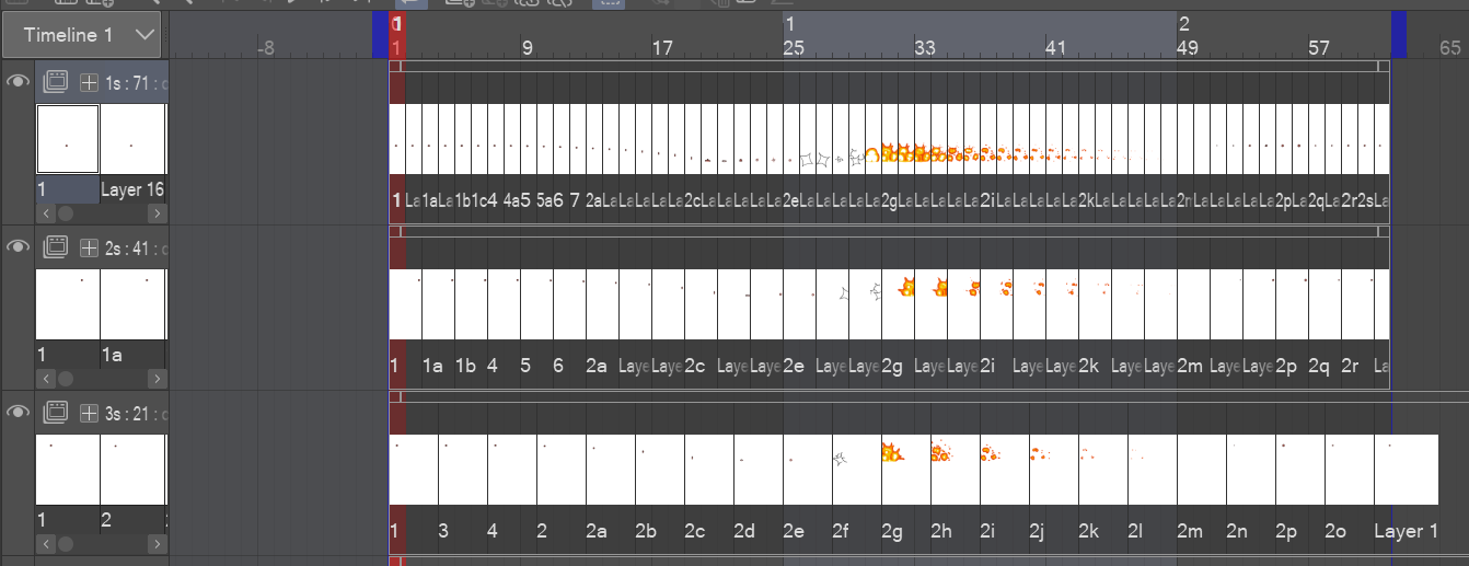 the animation timeline, showing the explosion animated on ones, twos, and threes